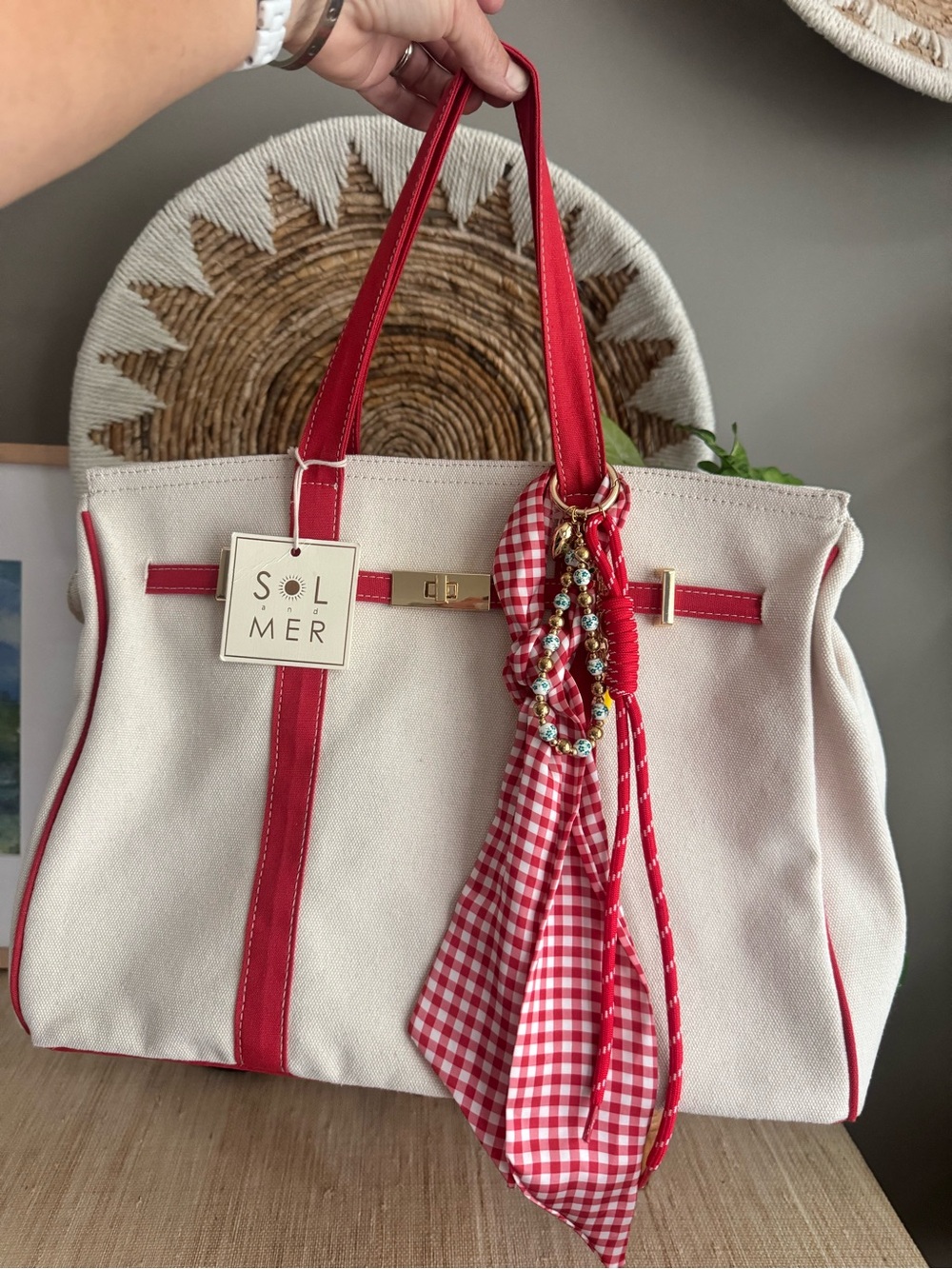 NWT Viral Boatkin Canvas Tote Bag- Sol Mer Red Gingham With Scarf,Charms